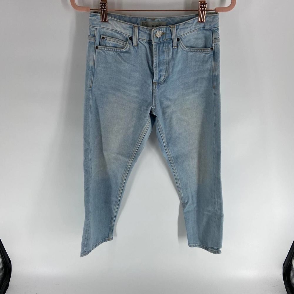 Topshop Girlfriend Light Wash Hidden button Fly Straight leg Jeans Womens 25